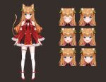  1girl :3 :d :o ^_^ absurdres angry animal_ear_fluff animal_ear_legwear animal_ears blush brown_hair cat_ears cat_tail chili_pepper_hair_ornament closed_eyes dress expressions frilled_dress frilled_sleeves frills frown full_body gradient_hair highres leg_garter live2d long_hair multicolored_hair open_mouth orange_hair original qingtang_mala sad smile standing tail thigh-highs v-shaped_eyebrows white_legwear wide_sleeves zettai_ryouiki 