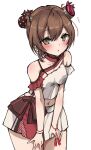  1girl bare_shoulders blush brown_eyes brown_hair chigasaki_y cowboy_shot double_bun eyebrows_visible_through_hair hair_between_eyes kantai_collection looking_at_viewer navel official_alternate_costume parted_lips shirt short_hair simple_background skirt solo tan_yang_(kancolle) white_background white_shirt white_skirt yukikaze_(kancolle) 