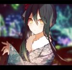  1girl bangs black_hair blurry blurry_background blurry_foreground blush braid brown_eyes closed_mouth commentary_request dangan_ronpa_(series) dangan_ronpa_v3:_killing_harmony depth_of_field floral_print flower fur_collar genderswap genderswap_(mtf) hair_between_eyes hair_flower hair_ornament hand_up holding japanese_clothes kimono letterboxed long_hair looking_at_viewer obi print_kimono qiao_xing red_flower saihara_shuuichi sash sleeves_past_wrists solo wide_sleeves yellow_eyes 