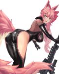  1girl absurdres animal_ear_fluff animal_ears artist_request ass black_bodysuit bodysuit breasts center_opening fang fate/grand_order fate_(series) female_ass fox_ears fox_girl fox_shadow_puppet fox_tail gun hair_ribbon hanging_breasts highres koyanskaya_(fate) large_breasts looking_at_viewer looking_down no_bra no_panties no_underwear open_mouth pink_eyebrows pink_hair ponytail red_ribbon ribbon rifle side_ponytail simple_background sniper_rifle solo tail tamamo_(fate)_(all) weapon white-framed_eyewear white_background yellow_eyes 