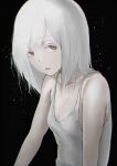  1girl albino bangs bare_shoulders black_background commentary dark_background flat_chest jack_masser medium_hair original pale_skin parted_lips red_eyes shirt white_eyelashes white_hair white_shirt 