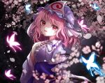  1girl :d bangs black_background blue_headwear blue_kimono blurry blurry_foreground bug butterfly cherry_blossoms depth_of_field eyebrows_visible_through_hair hand_on_own_chest hat insect japanese_clothes kayon_(touzoku) kimono long_sleeves looking_at_viewer mob_cap open_mouth pink_eyes pink_hair saigyouji_yuyuko short_hair smile solo touhou triangular_headpiece wide_sleeves 