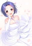  1girl absurdres ahoge blue_hair commentary dress elbow_gloves flower gloves highres idolmaster jewelry looking_at_viewer looking_up mikapoe miura_azusa necklace petals red_eyes rose solo strapless strapless_dress wedding_dress white_dress white_flower white_gloves white_rose 