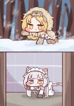  2girls :&lt; all_fours animal_ears blonde_hair blue_eyes blush_stickers bulga cat_ears cat_tail chibi full_body gloves heterochromia last_origin lion_hood lion_tail maid_headdress multiple_girls paw_gloves paws perrault_(last_origin) queen_of_mane silver_hair snow tail yellow_eyes 