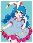  1girl :d animal_ears bangs bloomers blue_background blue_dress blue_hair border cowboy_shot crescent_print dress ear_clip eyebrows_visible_through_hair frilled_dress frills highres ini_(inunabe00) long_hair looking_at_viewer low_twintails open_mouth rabbit_ears red_eyes seiran_(touhou) short_sleeves simple_background smile solo standing star_(symbol) star_print touhou twintails underwear white_border 