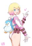  1girl ass belt blonde_hair blue_eyes bowieknife breasts gradient_hair gwenpool holding katana leotard looking_at_viewer marvel multicolored_hair pink_hair pink_leotard pouch short_hair smile solo superhero sword two-tone_hair weapon 