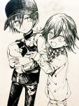  2boys :d ahoge bangs baseball_cap buttons checkered checkered_neckwear checkered_scarf cowboy_shot dangan_ronpa_(series) dangan_ronpa_v3:_killing_harmony double-breasted grey_background hair_between_eyes hat holding huyuharu0214 jacket long_sleeves medium_hair monokuma multiple_boys open_mouth ouma_kokichi pants saihara_shuuichi scarf shiny shiny_hair simple_background smile sparkle star-shaped_pupils star_(symbol) symbol-shaped_pupils traditional_media younger 