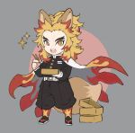  1boy animal_ears belt black_pants blonde_hair cape chibi chopsticks highres holding holding_chopsticks kimetsu_no_yaiba long_hair long_sleeves looking_at_viewer male_focus multicolored_hair open_mouth pants papajay_(jennygin2) redhead rengoku_kyoujurou simple_background solo sparkle tail thick_eyebrows two-tone_background upper_teeth white_belt 