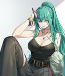  1girl alternate_costume arknights bangs bare_arms bare_shoulders belt black_belt bracelet breasts camisole commentary_request green_hair highres horns hoshiguma_(arknights) jewelry knee_up large_breasts long_hair looking_at_viewer necklace single_horn sitting solo spaghetti_strap very_long_hair yellow_eyes yosan 