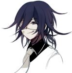  1boy :q bandaid bandaid_on_cheek bangs black_hair black_shirt closed_mouth collared_shirt commentary_request cropped_shoulders dangan_ronpa_(series) dangan_ronpa_v3:_killing_harmony eyepatch hair_between_eyes half-closed_eye licking_lips looking_at_viewer low_ponytail male_focus medium_hair necktie ouma_kokichi ponytail qiao_xing shirt simple_background sketch smile solo tongue tongue_out white_background 