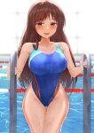 1girl blue_swimsuit breasts brown_eyes brown_hair competition_swimsuit cowboy_shot groin highres idolmaster lane_line large_breasts long_hair looking_at_viewer nitta_minami one-piece_swimsuit pool pool_ladder solo swimsuit thigh_gap water wet wet_clothes wet_swimsuit yoshimoto_(carpsukidayo) 