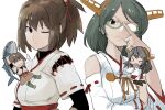  &gt;_&lt; ... 4girls arms_up bangs black_hair brown_hair chagen_kokimu closed_mouth dated detached_sleeves fish flying_sweatdrops glasses green-framed_eyewear grey_hair hair_ornament hair_ribbon hairclip haruna_(kancolle) headgear hyuuga_(kancolle) ise_(kancolle) japanese_clothes kantai_collection kirishima_(kancolle) long_hair minigirl multiple_girls nontraditional_miko one_eye_closed opaque_glasses open_mouth partially_opaque_glasses ponytail ribbon ribbon-trimmed_sleeves ribbon_trim short_hair simple_background spoken_ellipsis undershirt upper_body white_background wide_sleeves 