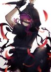  1girl arknights black_gloves black_shirt black_skirt blindfold blindfold_pull braid chain commentary demon_horns facing_away gloves hands_up highres hood hood_up horns lava_(arknights) lava_the_purgatory_(arknights) looking_at_viewer looking_back oripathy_lesion_(arknights) purple_hair shirt single_glove skirt solo torikaze_ito violet_eyes white_background 