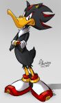  1boy 2021 clarissa_arts crossed_arms daffy_duck furry fusion gloves highres looking_to_the_side looney_tunes red_eyes shadow shadow_the_hedgehog signature solo sonic_(series) white_footwear white_gloves 