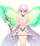  1girl bangs bare_shoulders blush bow breasts closed_mouth clothing_request collarbone commentary_request detached_sleeves eyebrows_visible_through_hair fairy_wings feet_out_of_frame flower green_wings hair_between_eyes hair_flower hair_ornament hanavvi hand_up holding holding_staff kokkoro_(princess_connect!) looking_at_viewer navel pleated_skirt princess_connect! see-through silver_hair skirt small_breasts solo staff white_background white_bow white_skirt wings 
