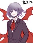  1boy :d alternate_costume ascot bangs black_jacket cape dangan_ronpa_(series) dangan_ronpa_v3:_killing_harmony formal grey_background hair_between_eyes jacket long_sleeves looking_at_viewer male_focus open_mouth ouma_kokichi purple_hair qiao_xing red_cape red_wings shirt short_hair simple_background smile solo translation_request upper_body violet_eyes white_background white_shirt wings 
