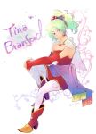  1girl bare_shoulders bow breasts cape closed_mouth detached_sleeves dress earrings final_fantasy final_fantasy_vi green_hair jewelry long_hair looking_at_viewer pantyhose ponytail redace ribbon short_hair smile solo tina_branford violet_eyes 