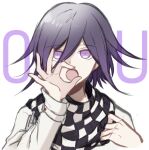  1boy :o bangs checkered checkered_neckwear checkered_scarf commentary_request dangan_ronpa_(series) dangan_ronpa_v3:_killing_harmony eyebrows_visible_through_hair hair_between_eyes hands_up jacket long_sleeves looking_at_viewer male_focus ok_sign open_mouth ouma_kokichi purple_hair qiao_xing scarf simple_background sketch solo upper_body violet_eyes white_background white_jacket 