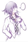  1boy :d bangs black_neckwear checkered checkered_neckwear collarbone commentary_request dangan_ronpa_(series) dangan_ronpa_10th_anniversary_costume dangan_ronpa_v3:_killing_harmony hand_in_pocket jacket long_sleeves male_focus necktie open_mouth ouma_kokichi pointy_nose profile purple_shirt qiao_xing shirt simple_background smile solo speech_bubble upper_body white_background white_jacket white_neckwear wing_collar 