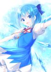  1girl arm_up bangs blue_background blue_bow blue_dress blue_eyes blue_hair bow cirno collar dress eyebrows_visible_through_hair eyes_visible_through_hair frills hair_between_eyes hand_up highres holding ice ice_wings light looking_at_viewer open_mouth puffy_short_sleeves puffy_sleeves red_bow red_neckwear shiohari_kanna shirt short_hair short_sleeves smile snowflake_background snowflakes solo touhou white_background white_shirt wings 