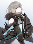  1boy artist_request bad_link bangs bare_shoulders brown_hair brown_hood brown_jacket bullet chain chained closed_mouth green_eyes gretel_(sinoalice) hair_between_eyes highres holding jacket long_sleeves looking_at_viewer otoko_no_ko short_hair sinoalice smile solo third-party_source 