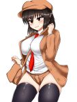  1girl adapted_costume alternate_costume bag black_hair black_legwear breasts brown_bag brown_eyes brown_headwear brown_jacket brown_shorts cabbie_hat collared_shirt commentary_request curvy flat_cap hat highres isshin_(sasayamakids) jacket large_breasts long_sleeves messenger_bag necktie open_mouth pointy_ears red_necktie shameimaru_aya shameimaru_aya_(newsboy) shirt short_shorts shorts shoulder_bag simple_background skindentation suit_jacket textless thigh-highs thighs touhou white_background white_shirt 