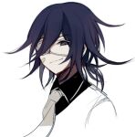  1boy bandaid bandaid_on_cheek bangs black_hair black_shirt closed_mouth collared_shirt commentary_request cropped_shoulders dangan_ronpa_(series) dangan_ronpa_v3:_killing_harmony eyepatch hair_between_eyes half-closed_eye looking_at_viewer low_ponytail male_focus medium_hair necktie ouma_kokichi ponytail qiao_xing shirt simple_background sketch smile solo white_background 