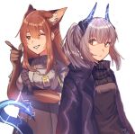  2girls animal_ear_fluff animal_ears annoyed arknights bangs black_jacket black_scarf black_shirt black_skirt brown_gloves chest_harness closed_mouth commentary_request dated dragon_horns dragon_tail elbow_gloves electricity finger_gun fox_ears franka_(arknights) gloves grey_shirt hair_over_one_eye hand_up harness horns id_card jacket kawaii_inu5 lanyard light_blush liskarm_(arknights) long_hair looking_at_another multiple_girls one_eye_closed open_clothes open_jacket orange_eyes orange_hair parted_lips ponytail scarf shirt sidelocks silver_hair simple_background skirt tail teeth upper_body white_background 