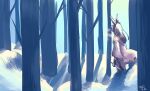  1girl animal_ears arknights black_gloves blue_sky breath cloak commentary_request dated facing_away forest from_behind frostnova_(arknights) gloves highres holding holding_knife kawaii_inu5 knife long_hair nature outdoors rabbit_ears sky snow solo white_cloak white_hair 