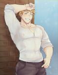  1boy ;d abs blonde_hair brown_pants covered_nipples granblue_fantasy green_eyes large_pectorals male_focus muscular muscular_male nipples one_eye_closed open_mouth pants pectorals rain sat_0804 see-through shirt short_hair smile solo teeth upper_body vane_(granblue_fantasy) wet wet_clothes white_shirt 