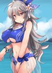  1girl alternate_costume beach bikini blue_bikini blue_sky blush breasts cleavage_cutout clothing_cutout clouds day eyebrows_visible_through_hair flower grey_eyes hair_between_eyes hair_flower hair_ornament hairband highres hirune_(konekonelkk) island kantai_collection large_breasts long_hair looking_at_viewer navel ocean official_alternate_costume open_mouth outdoors silver_hair sky solo swimsuit tree washington_(kancolle) water white_bikini 