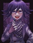  1boy :d bangs black_border black_scarf blush border buttons checkered checkered_neckwear checkered_scarf commentary_request dangan_ronpa_(series) dangan_ronpa_v3:_killing_harmony double-breasted flipped_hair grey_jacket hair_between_eyes hand_up highres iwashi_(kamekazusa) jacket long_sleeves looking_at_viewer open_mouth ouma_kokichi purple_background purple_hair scarf shiny shiny_hair smile solo upper_body upper_teeth violet_eyes white_scarf 