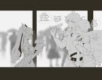  1girl 2boys aether_(genshin_impact) arm_around_shoulder blurry blurry_background character_request dress english_text food genshin_impact greyscale height_difference highres keqing_(genshin_impact) letterboxed long_hair monochrome multiple_boys nyantcha popsicle sack speech_bubble twintails walking 