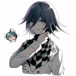  2boys ahoge bangs black_hair blush checkered checkered_neckwear checkered_scarf commentary_request cream cream_on_face cropped_torso dangan_ronpa_(series) dangan_ronpa_v3:_killing_harmony disembodied_limb flying_sweatdrops food food_on_face hair_between_eyes licking_lips long_sleeves looking_at_viewer male_focus multiple_boys ouma_kokichi pink_eyes purple_hair qiao_xing saihara_shuuichi scarf shiny shiny_hair simple_background solo_focus tongue tongue_out upper_body white_background 