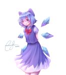  1girl absurdres bangs blue_bow blue_dress blue_eyes blue_hair bow cirno collar dress evermythic eyebrows_visible_through_hair eyes_visible_through_hair hair_between_eyes highres ice ice_wings light looking_at_viewer open_mouth puffy_short_sleeves puffy_sleeves red_bow red_neckwear shadow shirt short_hair short_sleeves signature simple_background smile solo standing touhou white_background white_shirt wings 