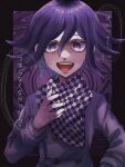  1boy :d bangs black_border black_scarf blush border buttons checkered checkered_neckwear checkered_scarf dangan_ronpa_(series) dangan_ronpa_v3:_killing_harmony double-breasted flipped_hair grey_jacket hair_between_eyes hand_up highres iwashi_(kamekazusa) jacket long_sleeves looking_at_viewer open_mouth ouma_kokichi purple_background purple_hair scarf shiny shiny_hair smile solo translation_request upper_body upper_teeth violet_eyes white_scarf 