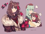  !? ... 2girls animal_ears arknights bangs bear_ears beige_sweater_vest blue_eyes blue_hair blue_nails blue_neckwear brown_hair brown_headwear brown_jacket brown_sailor_collar brown_shirt character_name commentary_request cropped_torso dated earphones earphones expressionless fang fur-trimmed_jacket fur_trim hair_ornament hand_on_another&#039;s_head hat istina_(arknights) jacket kawaii_inu5 long_hair looking_at_viewer medium_hair monocle multicolored_hair multiple_girls multiple_views nail_polish neckerchief off_shoulder open_mouth purple_background red_neckwear red_pupils redhead sailor_collar school_uniform serafuku shirt simple_background spoken_ellipsis spoken_interrobang star_(symbol) star_hair_ornament streaked_hair sweatdrop upper_body yellow_shirt yellow_sweater_vest zima_(arknights) 