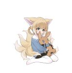  1girl absurdres animal_ears arknights black_skirt blue_shirt braid commentary fox_ears fox_girl fox_tail full_body green_eyes highres holding holding_stuffed_toy kitsune looking_at_viewer multicolored_hair multiple_tails pantyhose pleated_skirt shio_(7203802) shirt short_hair_with_long_locks simple_background sitting skirt solo streaked_hair stuffed_toy suzuran_(arknights) tail wariza white_background white_hair white_legwear 