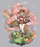  1girl :o absurdres bag bangs blue_flower book boots breasts bug bush butterfly detached_sleeves flower genshin_impact grey_background hair_between_eyes hat highres holding holding_book horns insect long_hair open_mouth orange_flower papajay_(jennygin2) pink_flower pink_hair red_flower simple_background small_breasts solo tree weighing_scale yanfei_(genshin_impact) 