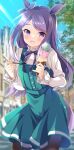  1girl :d animal_ears bangs black_legwear blue_dress blue_ribbon blurry blurry_background blush bow commentary_request day depth_of_field dress ear_ribbon eyebrows_visible_through_hair food holding holding_food holding_spoon horse_ears horse_girl horse_tail ice_cream ice_cream_cone long_hair long_sleeves looking_at_viewer mejiro_mcqueen_(umamusume) open_mouth outdoors pantyhose purple_bow purple_hair ribbon shirt sleeveless sleeveless_dress smile solo spoon swept_bangs tail tanabe triple_scoop umamusume very_long_hair violet_eyes white_shirt 