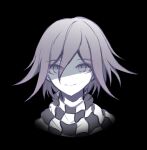  1boy bangs black_background checkered checkered_neckwear checkered_scarf closed_mouth cropped_shoulders dangan_ronpa_(series) dangan_ronpa_v3:_killing_harmony eyebrows_visible_through_hair flipped_hair hair_between_eyes looking_at_viewer ouma_kokichi qiao_xing scarf short_hair smile solo symbol-only_commentary 