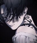  1boy bangs black_background black_eyes black_hair closed_mouth empty_eyes hair_between_eyes highres looking_at_viewer male_focus neck_tattoo off_shoulder portrait sano_manjirou sekinko shirt short_hair simple_background smile solo tattoo tokyo_revengers twitter_username white_shirt 