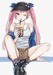  1girl arm_support bangs bare_legs black_footwear blue_jacket blue_ribbon brown_eyes brown_shorts character_request closed_mouth collarbone converse copyright_request drink drinking_straw_in_mouth frappuccino full_body grey_background hair_ribbon highres holding holding_drink jacket long_hair long_sleeves looking_at_viewer midriff_peek mizutamako off_shoulder one_eye_closed pink_hair ribbon shorts simple_background sitting solo striped_tank_top tank_top twintails visor_cap 