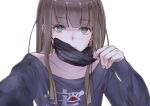  1boy artist_request bangs bare_shoulders black_shirt brown_hair closed_mouth crossdressinging green_eyes gretel_(sinoalice) hair_between_eyes highres holding long_hair looking_at_viewer mask mouth_mask otoko_no_ko reality_arc_(sinoalice) shirt simple_background sinoalice solo white_background 