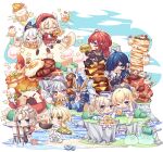  4boys 5girls absurdres ahoge albedo_(genshin_impact) automaton_(object) bangs barbara_(genshin_impact) barbara_(summertime_sparkle)_(genshin_impact) black_hair blonde_hair blue_eyes brown_hair burger cabbie_hat chibi clover_print commentary_request diluc_(genshin_impact) drill_hair eating eyebrows_visible_through_hair eyepatch flower food fork full_body genshin_impact hair_between_eyes hair_flower hair_ornament hat hat_feather hat_ornament highres holding holding_food iran_stn jean_(genshin_impact) jean_(sea_breeze_dandelion)_(genshin_impact) jumpy_dumpty kaeya_(genshin_impact) klee_(genshin_impact) light_brown_hair long_hair long_sleeves looking_at_viewer low_ponytail low_twintails lumine_(genshin_impact) maguu_kenki_(genshin_impact) mechanical_halo multiple_boys multiple_girls paimon_(genshin_impact) pizza ponytail razor_(genshin_impact) red_eyes redhead short_hair short_hair_with_long_locks sidelocks sitting skewer steak sunny_side_up_egg toast twin_drills twintails yellow_eyes 