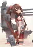  1girl bangs breasts brown_hair cherry_blossoms cowboy_shot detached_sleeves flower hair_flower hair_ornament highres hip_vent kantai_collection large_breasts long_hair looking_at_viewer machinery minosu pleated_skirt ponytail red_eyes red_sailor_collar red_skirt rigging sailor_collar sidelocks skirt smile solo yamato_(kancolle) 