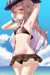  1girl arm_behind_head armpits bangs bikini bikini_skirt black_bikini blunt_bangs blush breasts clouds criss-cross_halter day frilled_bikini frills halterneck hat highres hololive long_hair looking_at_viewer mch9illus murasaki_shion navel outdoors silver_hair sky small_breasts smile solo stomach swimsuit virtual_youtuber witch_hat wristband yellow_eyes 