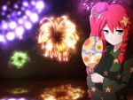 1girl aerial_fireworks black_kimono blue_eyes braid closed_mouth commentary fireworks floral_print flower hair_flower hair_ornament hand_fan holding holding_fan hong_meiling japanese_clothes kimono lake long_sleeves night night_sky outdoors paper_fan pink_flower print_kimono redhead reflection shirosato side_ponytail sky smile solo star_(symbol) star_hair_ornament star_print sunflower_print symbol-only_commentary touhou twin_braids uchiwa water wide_sleeves yukata 