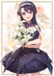  1girl :d bangs bare_arms bare_shoulders black_dress black_hair black_hairband bouquet breasts commentary_request dress eyebrows_visible_through_hair floral_background flower frilled_dress frilled_hairband frills hair_between_eyes hairband highres hu_kotora lily_(flower) long_hair looking_at_viewer medium_breasts milestone_celebration object_hug open_mouth original shirt sleeveless sleeveless_shirt smile solo strapless strapless_dress thank_you upper_teeth violet_eyes white_shirt 
