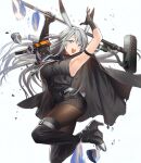  1girl :d animal_ears arknights arm_strap armpits arms_up bangs black_gloves black_legwear black_shirt black_skirt blue_eyes boots breasts character_name cloak commentary_request eyebrows_visible_through_hair gloves hammer high_heel_boots high_heels holding holding_hammer holding_weapon kyou_zip large_breasts long_hair miniskirt open_mouth pantyhose pencil_skirt rabbit_ears rock savage_(arknights) shirt silver_hair simple_background skirt smile striped striped_skirt thigh-highs thigh_boots thighs weapon white_background 